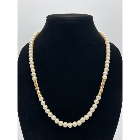 Vintage-Inspired Faux Pearl Necklace With Gold-Tone Accents & Rhinestone Detaili - Picture 1 of 6